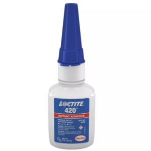 LOCTITE® 420 – Cyanoacrylate Adhesive – Bonding metals, rubbers, plastics; rapid curing for close-fitting parts.
