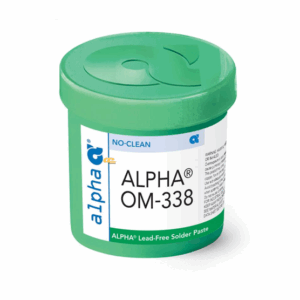 Alpha OM-338 solder paste – designed for high-speed SMT assembly, offering excellent print consistency, outstanding wetting, and reliable coalescence for fine-pitch and high-density interconnect PCBs.