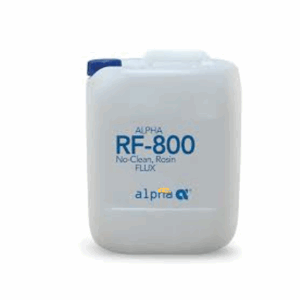 Alpha RF-800 liquid flux – versatile no-clean rosin-based flux formulated for wave and selective soldering, ensuring reliable wetting, reduced bridging, and excellent surface insulation resistance for diverse PCB assemblies.