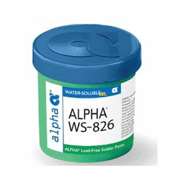 Alpha WS-826 solder paste – water-soluble formulation tailored for fine-pitch SMT assembly, ensuring precise print definition, excellent coalescence, and easy post-solder cleaning to achieve reliable high-density PCB solder joints.