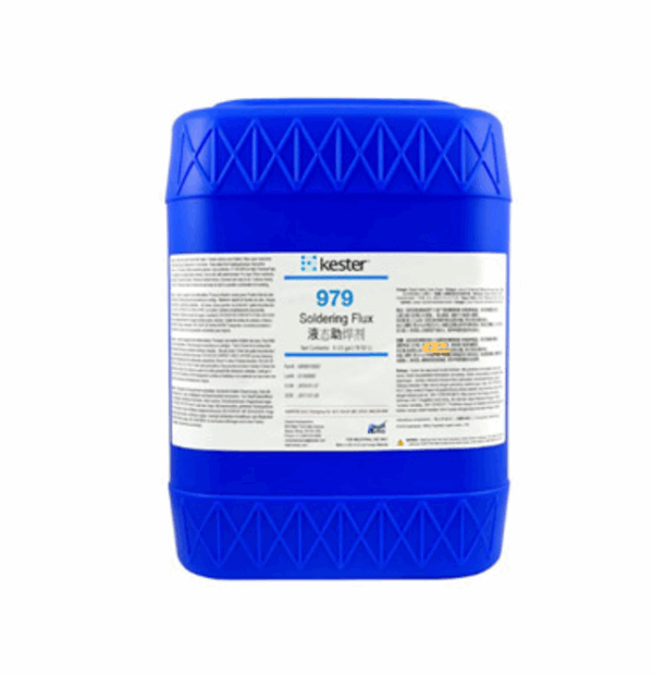 Kester 979VT liquid flux – low-solids, no-clean formulation for wave soldering and selective soldering, delivering fast wetting, reduced bridging, and extremely low, non-corrosive residues, ensuring reliable solder joints without post-cleaning.