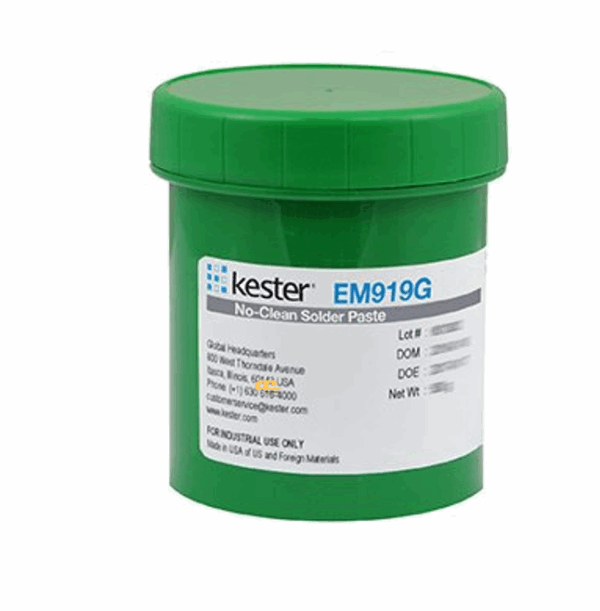 Kester EM919G solder paste – engineered for high-speed SMT printing, offering stable viscosity, precise deposition, excellent wetting, and reliable solder joint performance for fine-pitch, high-density electronic assemblies.